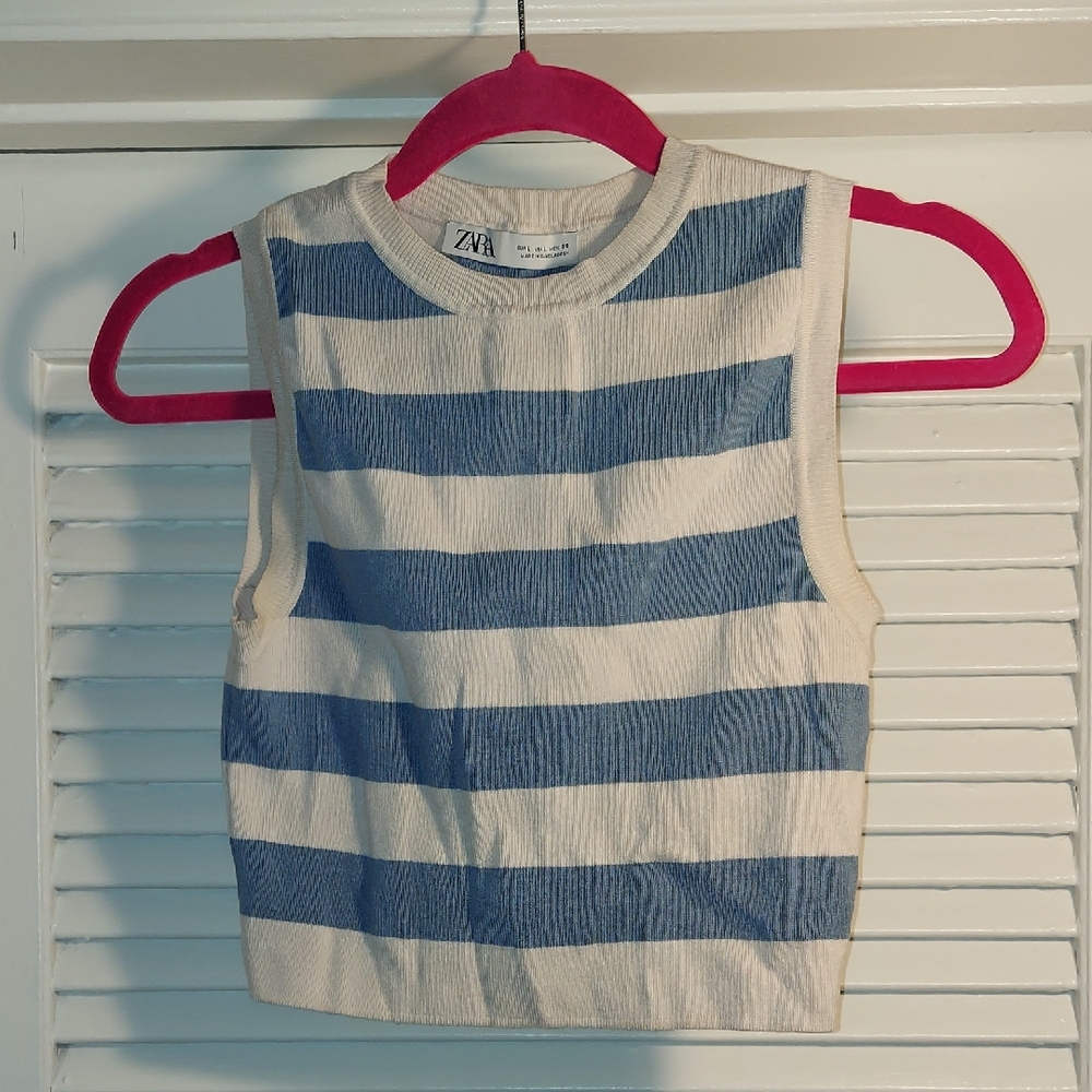 Zara Crop Navy and Cream Striped Tank Top